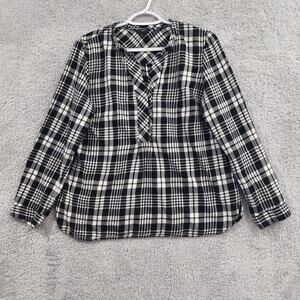 Talbots Top Women's LP Large Petite Black White Popover Plaid Long Sleeves